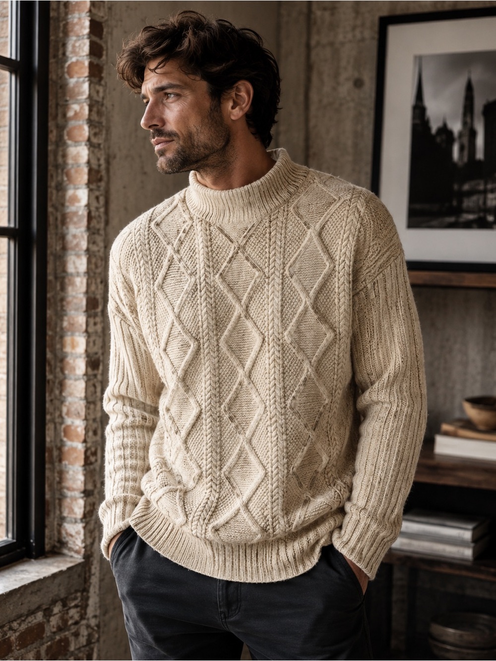 Aelfric Eden Men's Cream Cable Crewneck Sweater